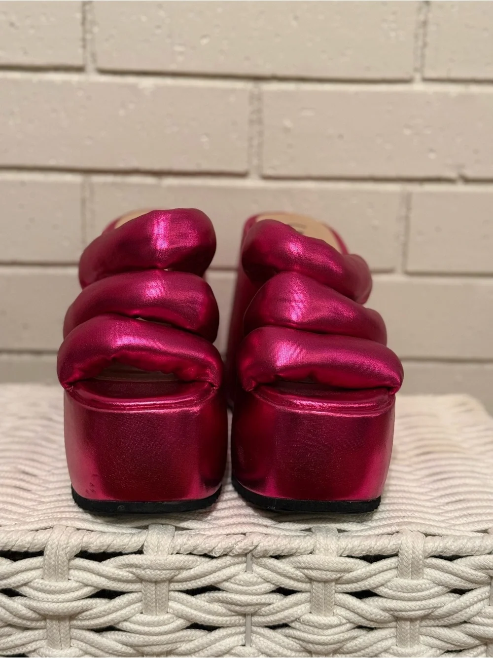 Dolls Kill Lemon Drop Metallic Fuchsia Padded Platform Slide Sandals